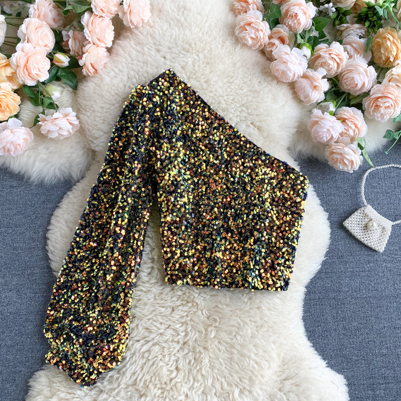 She's a Star One Shoulder Puff Sleeve Short Sequinned Top