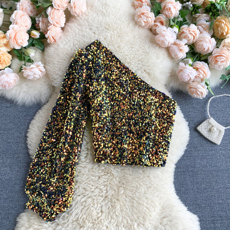 She's a Star One Shoulder Puff Sleeve Short Sequinned Top