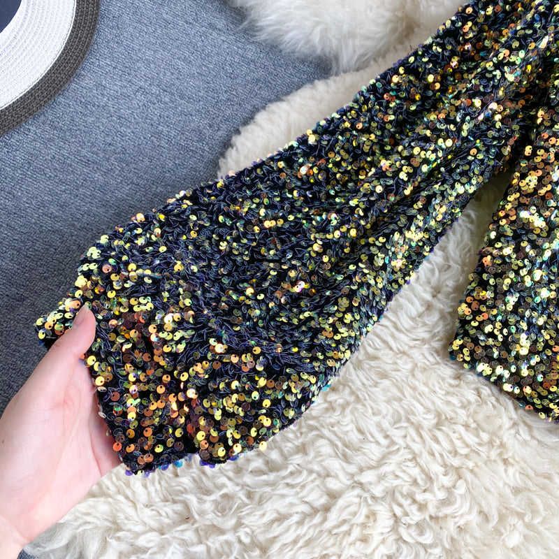 She's a Star One Shoulder Puff Sleeve Short Sequinned Top