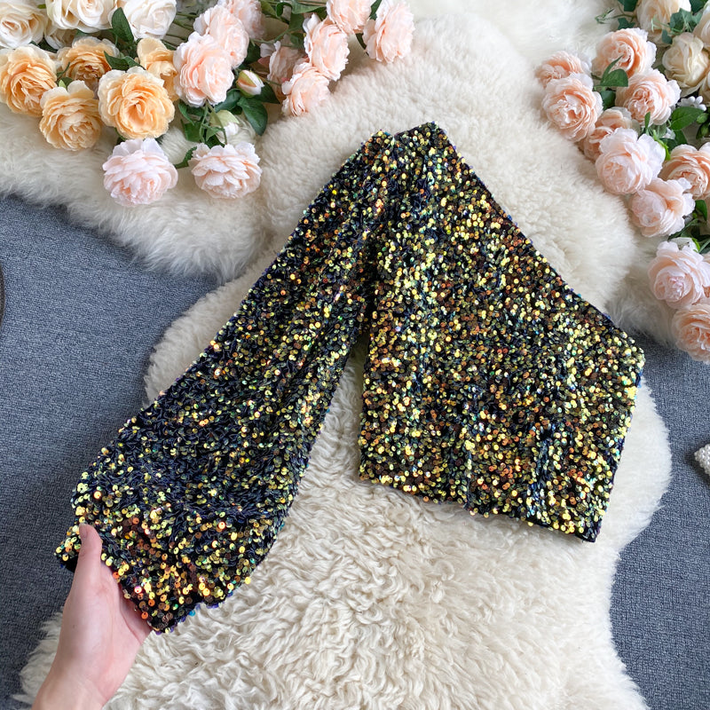She's a Star One Shoulder Puff Sleeve Short Sequinned Top