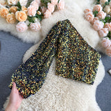 She's a Star One Shoulder Puff Sleeve Short Sequinned Top