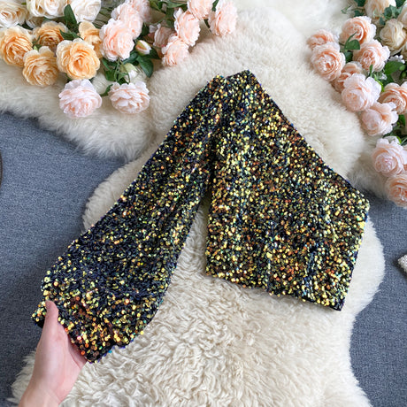 She's a Star One Shoulder Puff Sleeve Short Sequinned Top