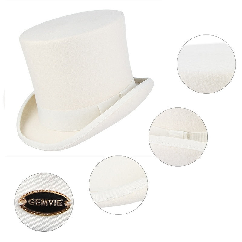 Tall White Top Hat 100% Wool Felt