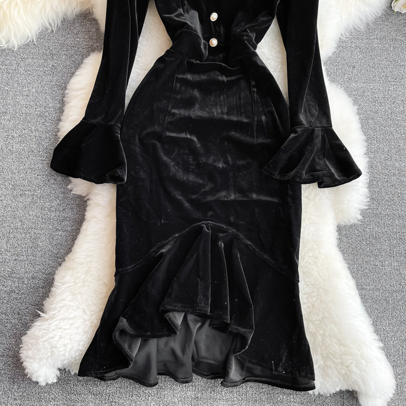 Vintage Black Va-Va Velvet Trumpet Dress