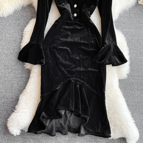 Vintage Black Va-Va Velvet Trumpet Dress