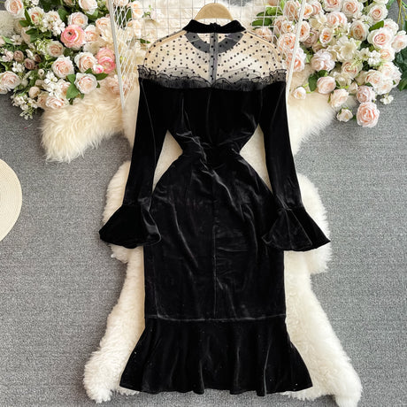 Vintage Black Va-Va Velvet Trumpet Dress