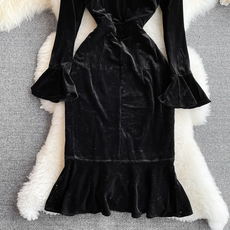 Vintage Black Va-Va Velvet Trumpet Dress