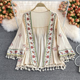 Not Ya Nana's Cover-Up 3/4 Sleeve Embroidered Blouse With Tassels