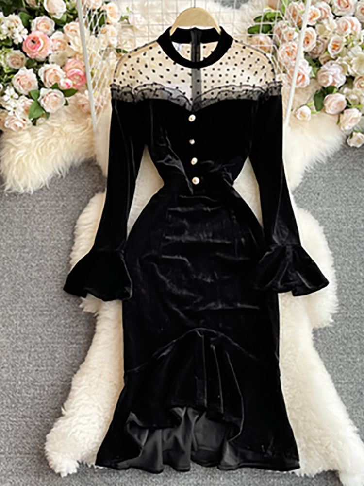 Vintage Black Va-Va Velvet Trumpet Dress