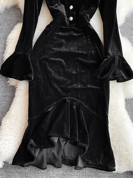 Vintage Black Va-Va Velvet Trumpet Dress
