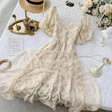 Fairy Maiden Dress Vintage French Inspired Puff Sleeve Floral Lace Dress