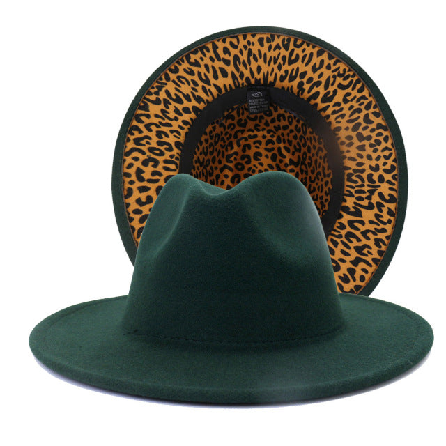 Teal and Leopard Wool Felt Fedora Hat Unisex Two Tone Brim Hat