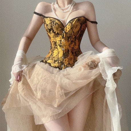Sunflower Oil Painting Embroidered Overbust Corset