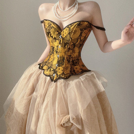 Sunflower Oil Painting Embroidered Overbust Corset
