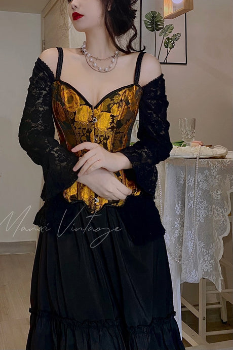 Sunflower Oil Painting Embroidered Overbust Corset