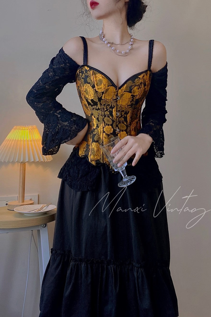 Sunflower Oil Painting Embroidered Overbust Corset