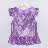 Girls Mermaid Sparkly Sequins Short Flutter Cap Sleeves Ruffle T-shirts Dance Performance Party Tops
