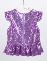 Girls Mermaid Sparkly Sequins Short Flutter Cap Sleeves Ruffle T-shirts Dance Performance Party Tops