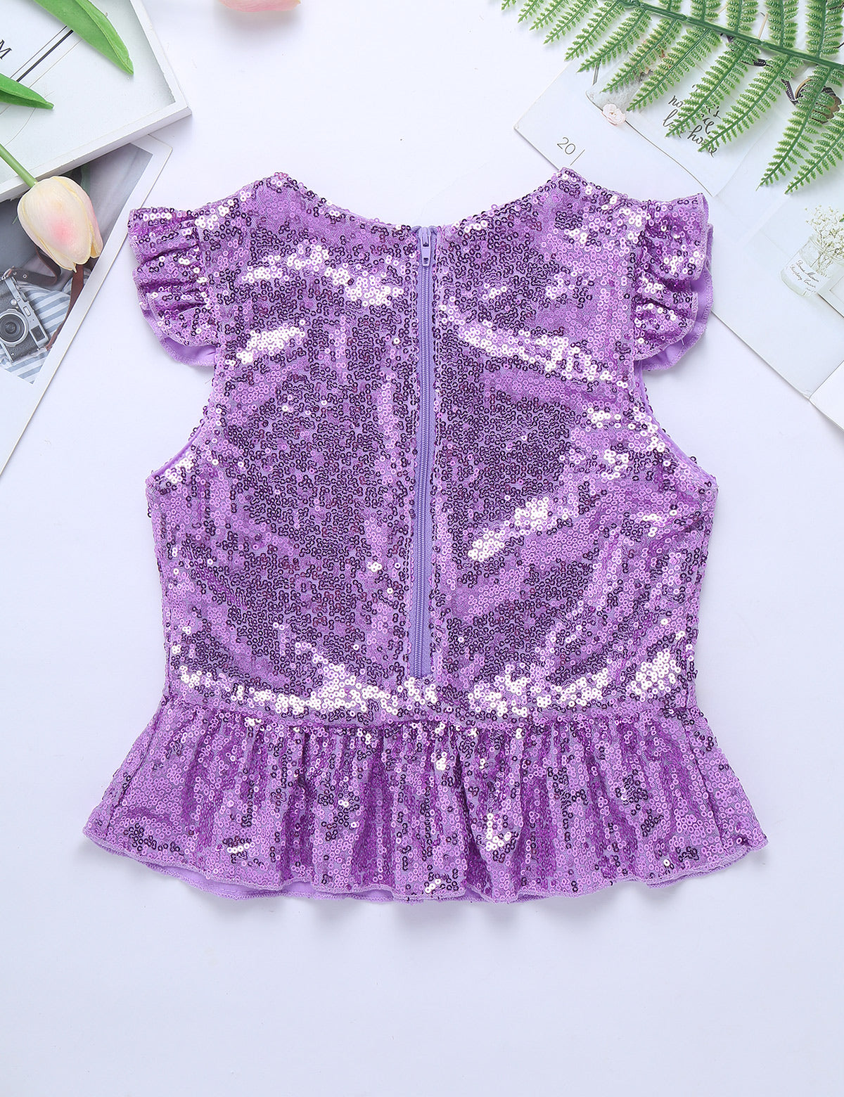 Girls Mermaid Sparkly Sequins Short Flutter Cap Sleeves Ruffle T-shirts Dance Performance Party Tops