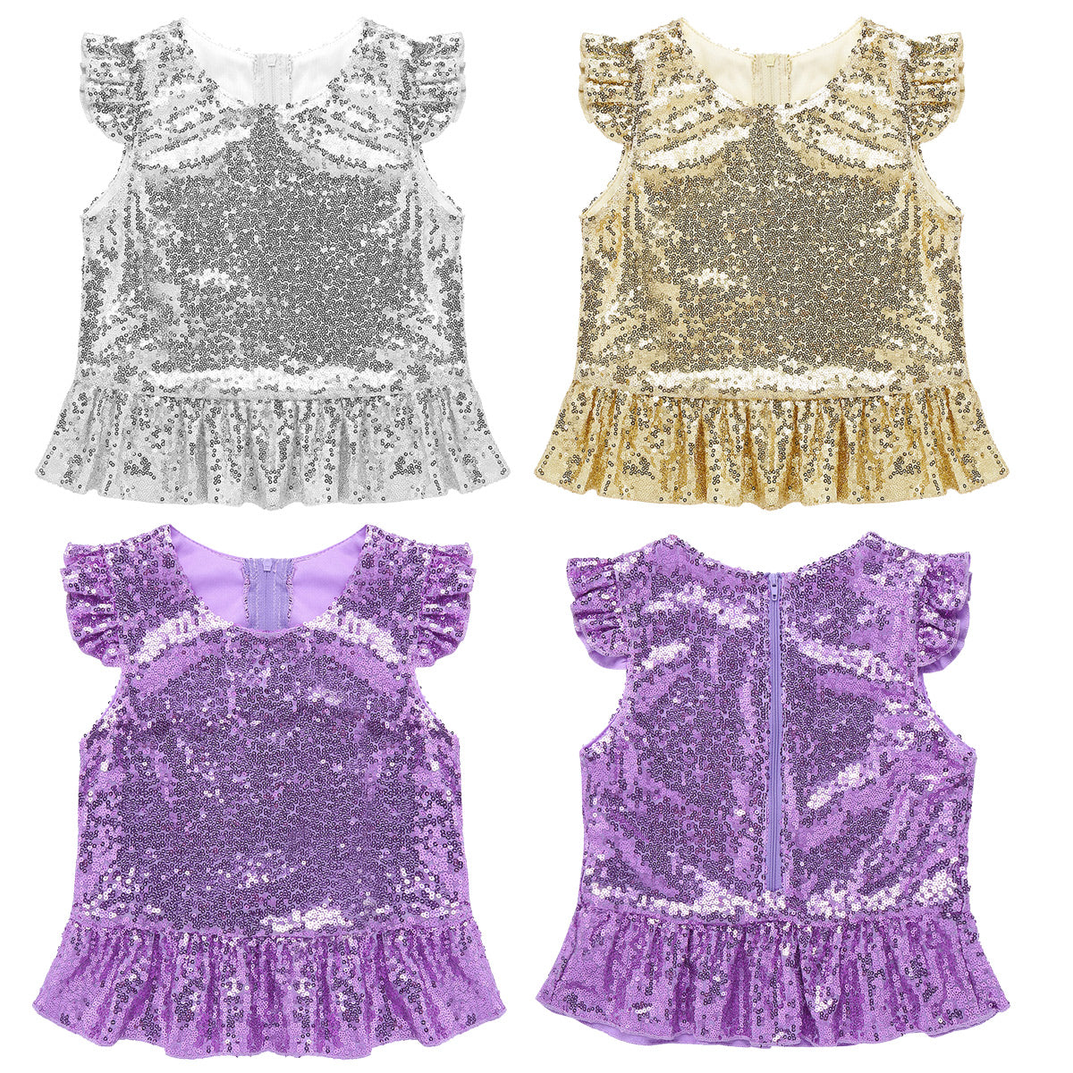Girls Mermaid Sparkly Sequins Short Flutter Cap Sleeves Ruffle T-shirts Dance Performance Party Tops