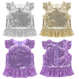 Girls Mermaid Sparkly Sequins Short Flutter Cap Sleeves Ruffle T-shirts Dance Performance Party Tops