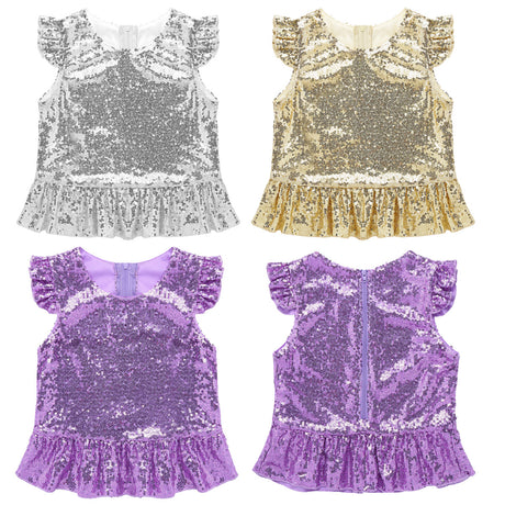 Girls Mermaid Sparkly Sequins Short Flutter Cap Sleeves Ruffle T-shirts Dance Performance Party Tops