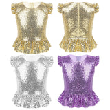 Girls Mermaid Sparkly Sequins Short Flutter Cap Sleeves Ruffle T-shirts Dance Performance Party Tops