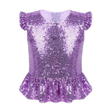Girls Mermaid Sparkly Sequins Short Flutter Cap Sleeves Ruffle T-shirts Dance Performance Party Tops
