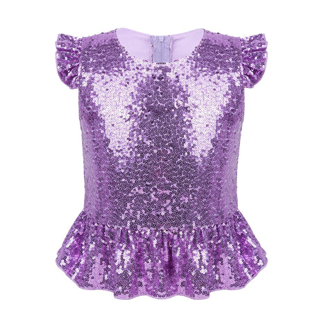 Girls Mermaid Sparkly Sequins Short Flutter Cap Sleeves Ruffle T-shirts Dance Performance Party Tops