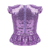 Girls Mermaid Sparkly Sequins Short Flutter Cap Sleeves Ruffle T-shirts Dance Performance Party Tops