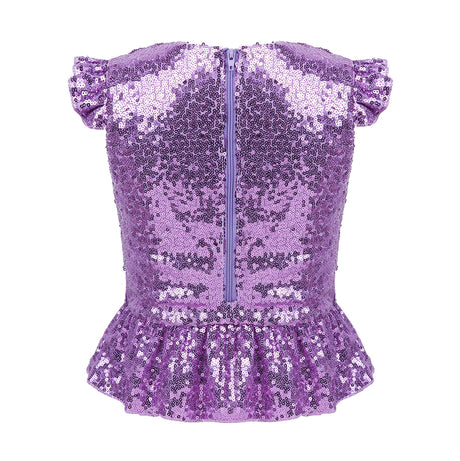 Girls Mermaid Sparkly Sequins Short Flutter Cap Sleeves Ruffle T-shirts Dance Performance Party Tops