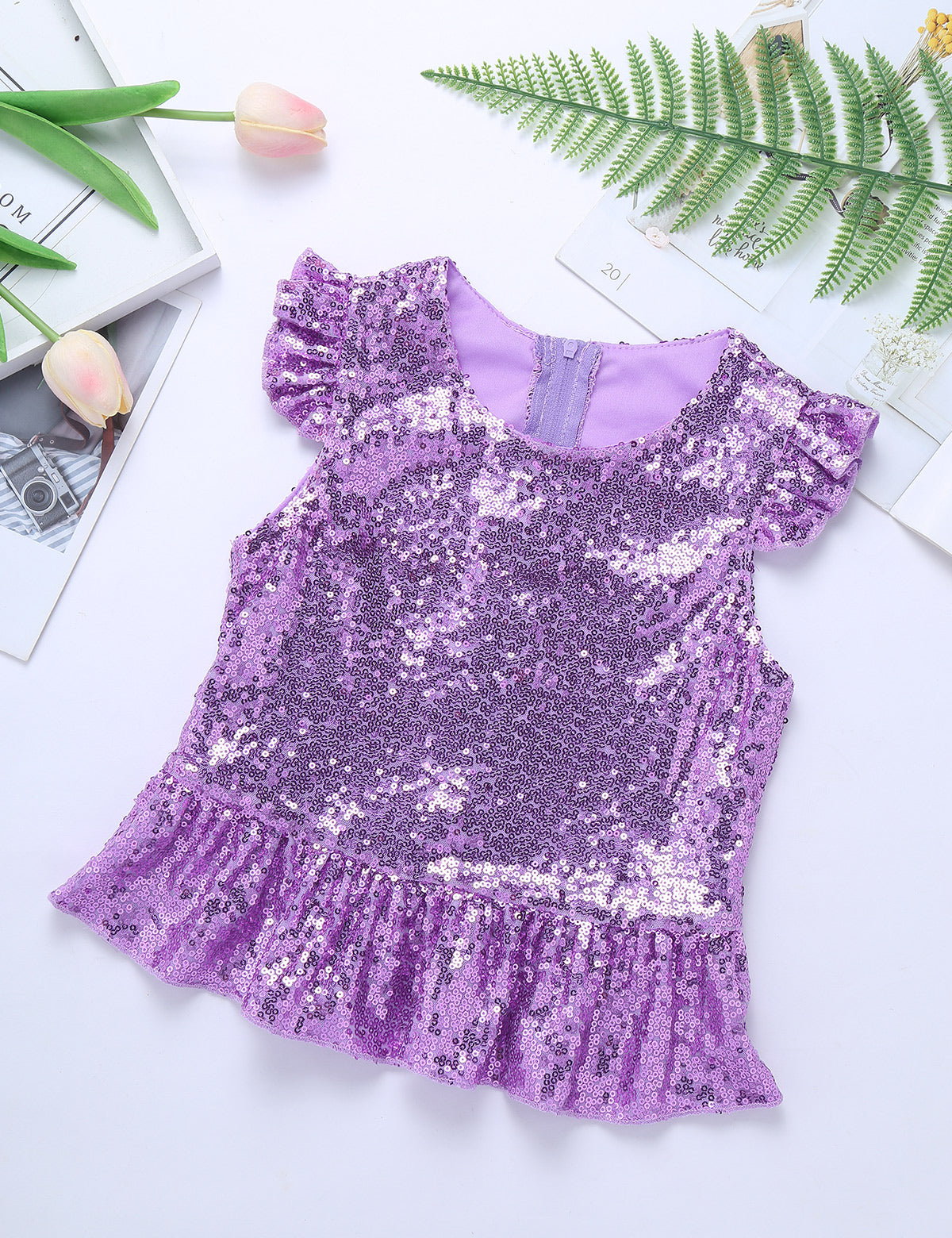 Girls Mermaid Sparkly Sequins Short Flutter Cap Sleeves Ruffle T-shirts Dance Performance Party Tops
