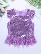 Girls Mermaid Sparkly Sequins Short Flutter Cap Sleeves Ruffle T-shirts Dance Performance Party Tops