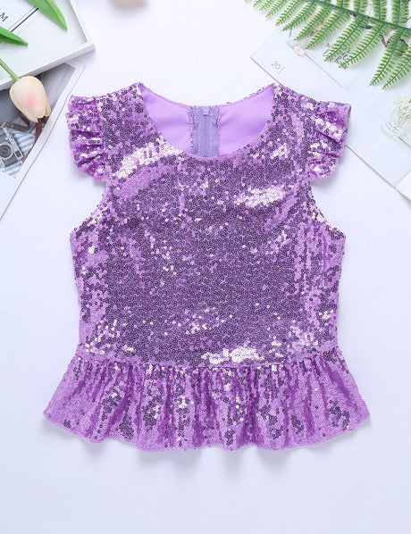 Girls Mermaid Sparkly Sequins Short Flutter Cap Sleeves Ruffle T-shirts Dance Performance Party Tops