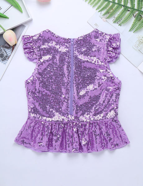 Girls Mermaid Sparkly Sequins Short Flutter Cap Sleeves Ruffle T-shirts Dance Performance Party Tops