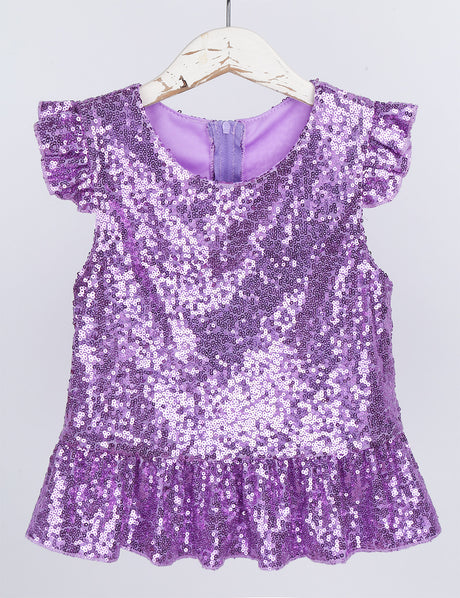 Girls Mermaid Sparkly Sequins Short Flutter Cap Sleeves Ruffle T-shirts Dance Performance Party Tops