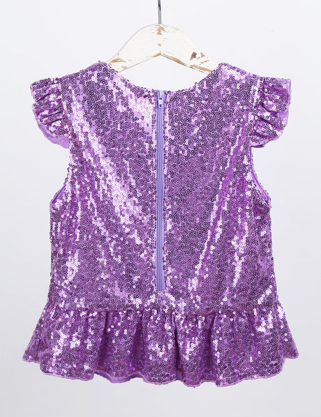 Girls Mermaid Sparkly Sequins Short Flutter Cap Sleeves Ruffle T-shirts Dance Performance Party Tops
