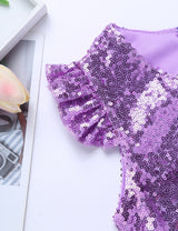 Girls Mermaid Sparkly Sequins Short Flutter Cap Sleeves Ruffle T-shirts Dance Performance Party Tops