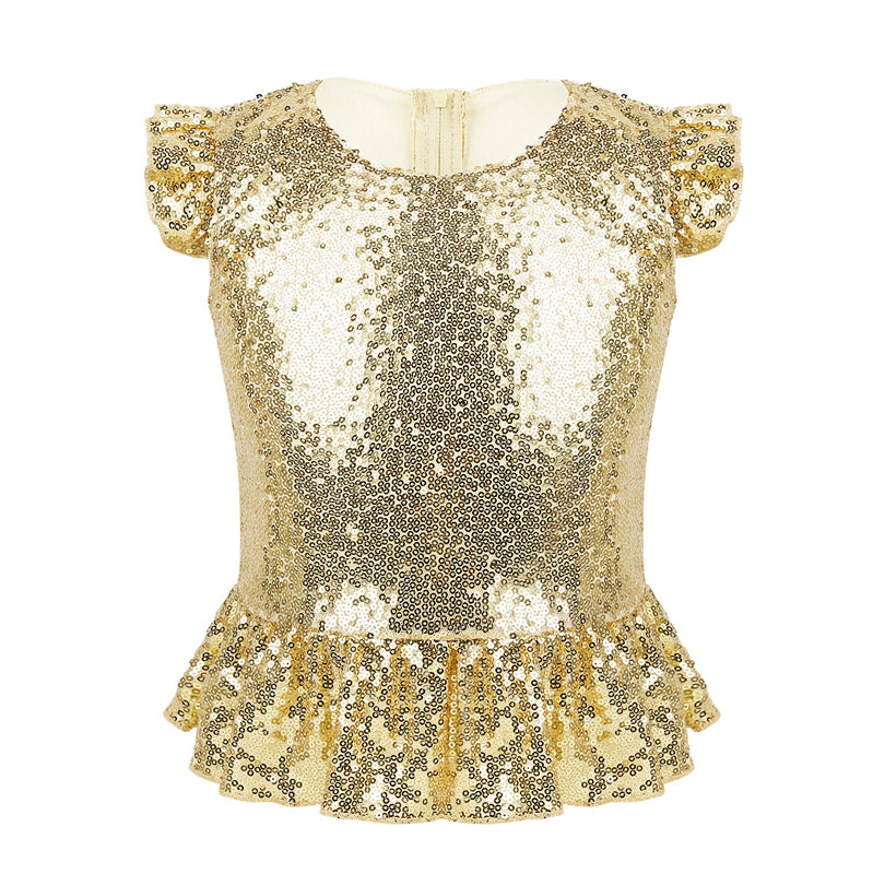 Girls Mermaid Sparkly Sequins Short Flutter Cap Sleeves Ruffle T-shirts Dance Performance Party Tops