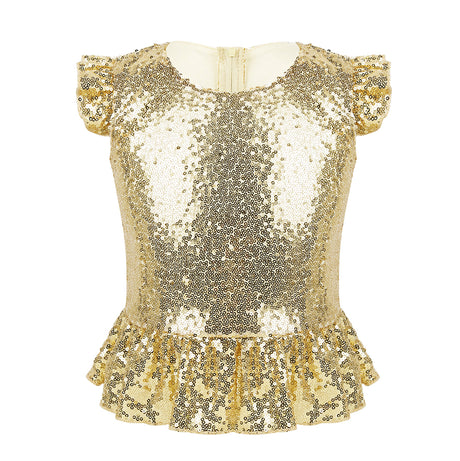 Girls Mermaid Sparkly Sequins Short Flutter Cap Sleeves Ruffle T-shirts Dance Performance Party Tops