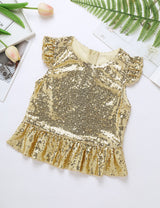Girls Mermaid Sparkly Sequins Short Flutter Cap Sleeves Ruffle T-shirts Dance Performance Party Tops