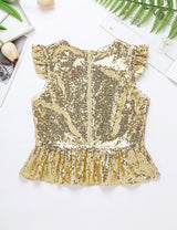 Girls Mermaid Sparkly Sequins Short Flutter Cap Sleeves Ruffle T-shirts Dance Performance Party Tops