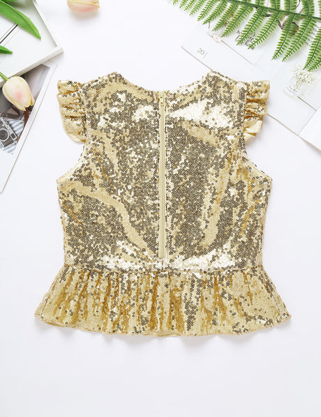 Girls Mermaid Sparkly Sequins Short Flutter Cap Sleeves Ruffle T-shirts Dance Performance Party Tops