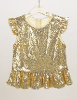Girls Mermaid Sparkly Sequins Short Flutter Cap Sleeves Ruffle T-shirts Dance Performance Party Tops