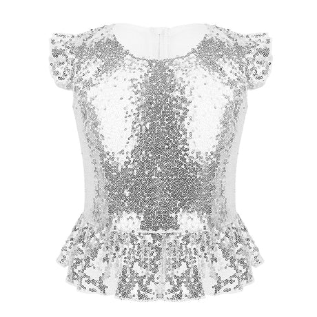 Girls Mermaid Sparkly Sequins Short Flutter Cap Sleeves Ruffle T-shirts Dance Performance Party Tops