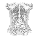 Girls Mermaid Sparkly Sequins Short Flutter Cap Sleeves Ruffle T-shirts Dance Performance Party Tops