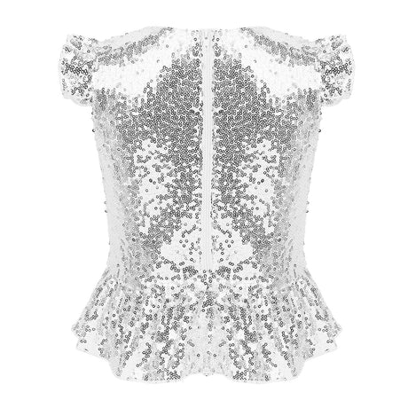 Girls Mermaid Sparkly Sequins Short Flutter Cap Sleeves Ruffle T-shirts Dance Performance Party Tops
