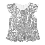 Girls Mermaid Sparkly Sequins Short Flutter Cap Sleeves Ruffle T-shirts Dance Performance Party Tops