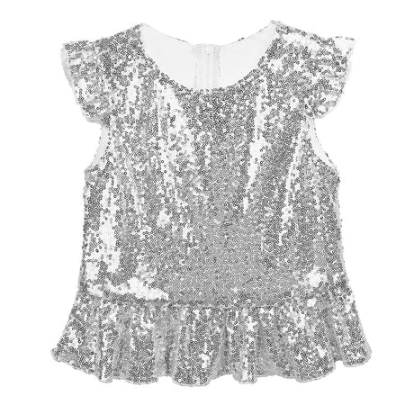 Girls Mermaid Sparkly Sequins Short Flutter Cap Sleeves Ruffle T-shirts Dance Performance Party Tops