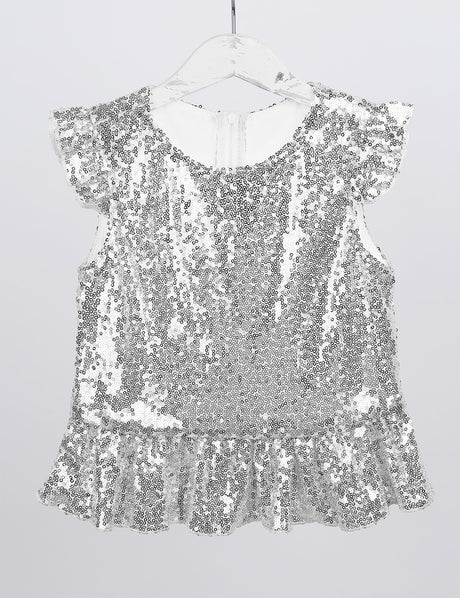 Girls Mermaid Sparkly Sequins Short Flutter Cap Sleeves Ruffle T-shirts Dance Performance Party Tops